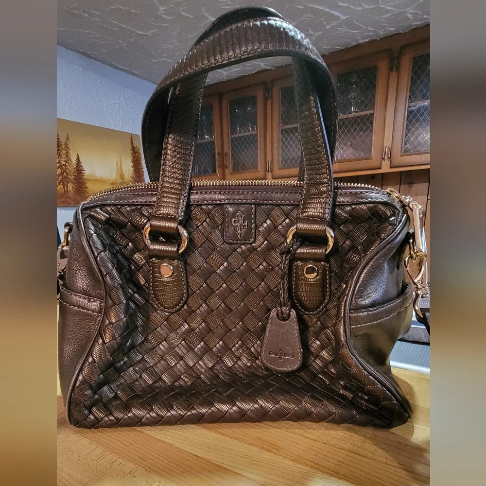 Cole Haan Chocolate Woven Leather Satchel - Picture 1 of 10